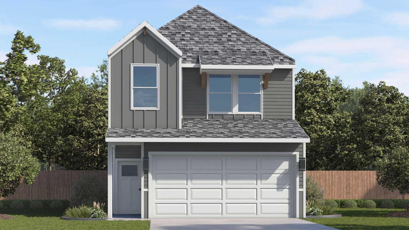 two story home with grey siding and white trim