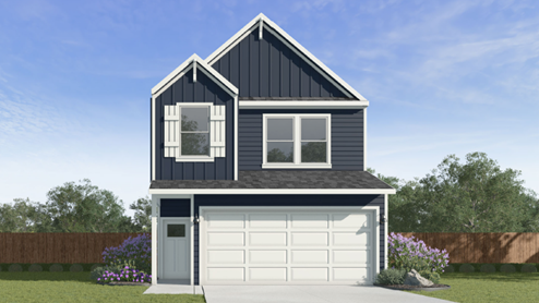 two-story home with grey siding and a two car garage