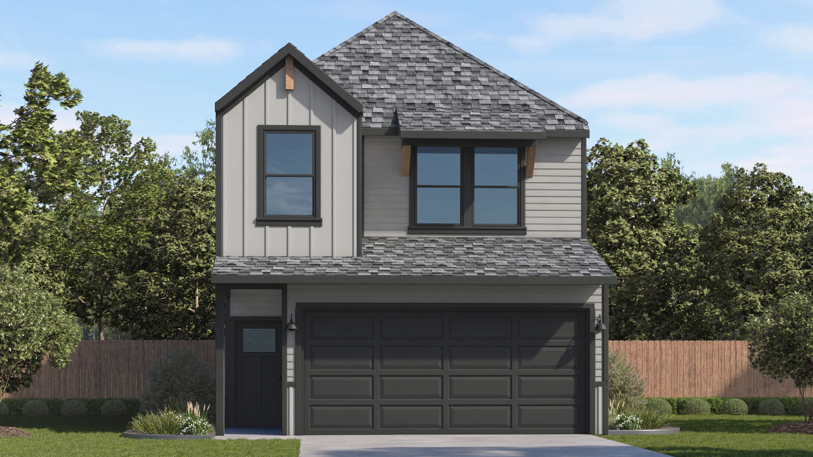 two story home with grey siding and dark grey trim with wood accent on awning