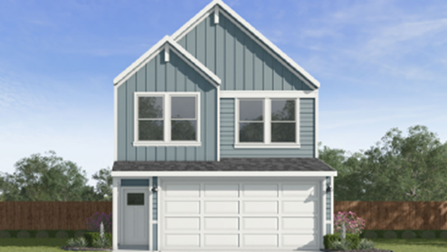 two-story home with siding and a four large windows towards the front of the home for natural lighting