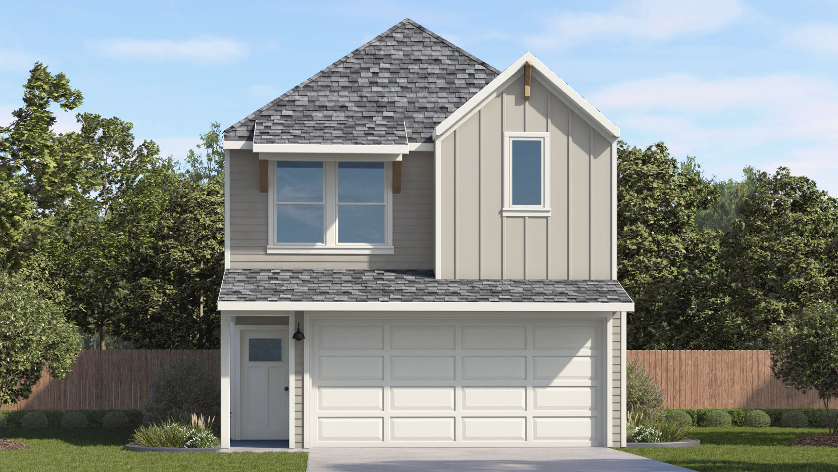 two story home with a light grey beige exterior and white trim