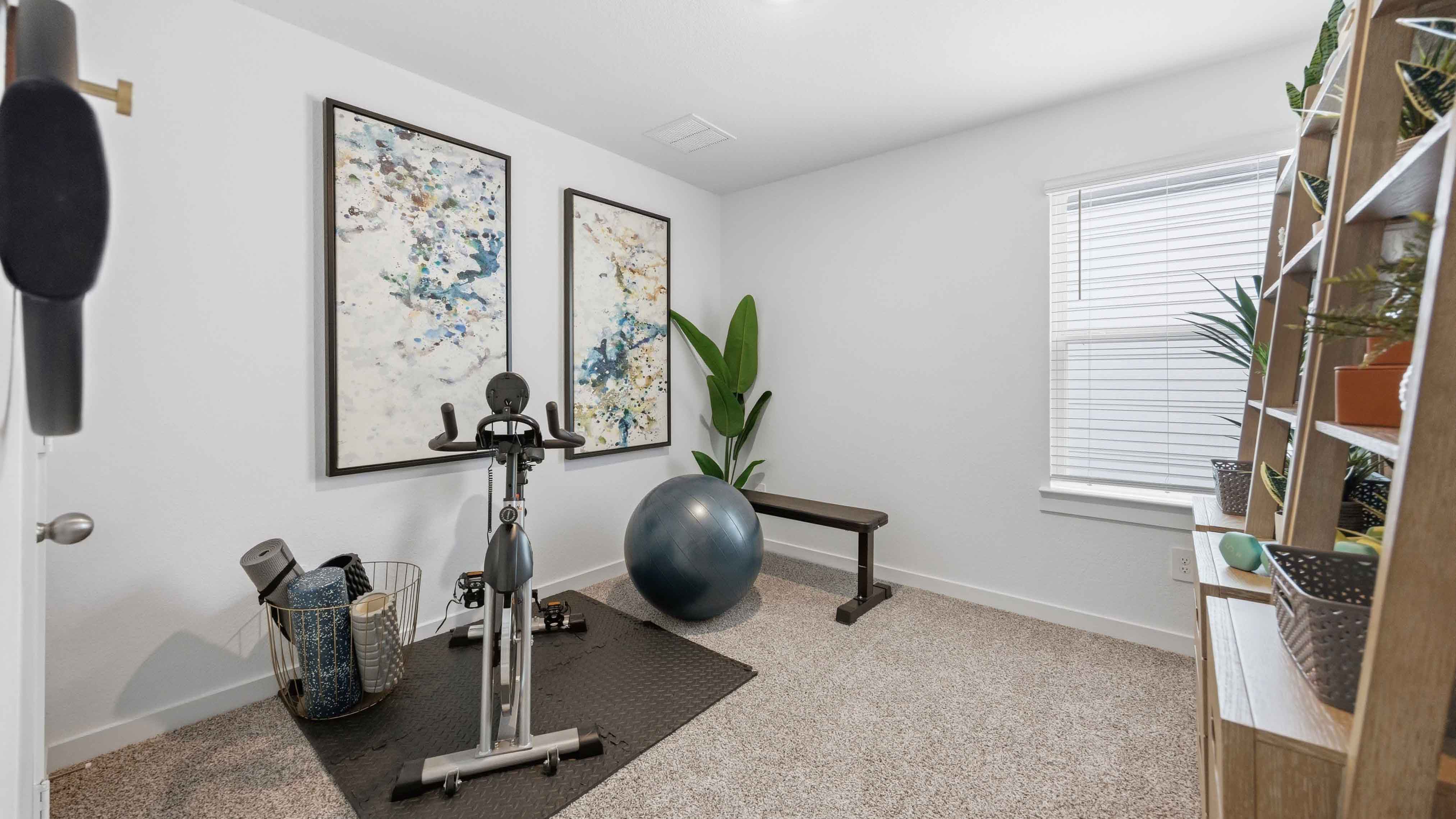home gym/third bedroom has light neutral walls and carpet flooring
