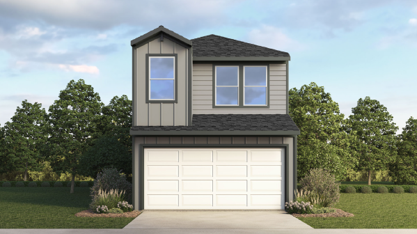 two story home with grey siding and dark trim