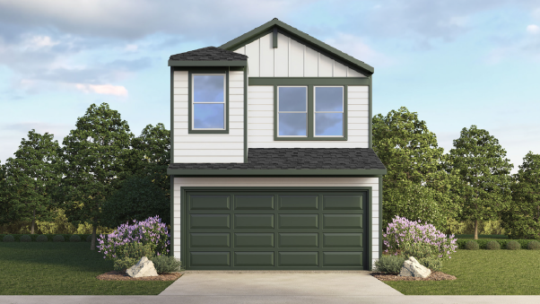 two story home with light siding and accented trim