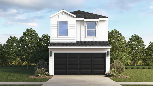 white two story home with matching trim and a dark garage door