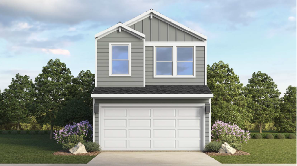 two story home with grey siding and white trim