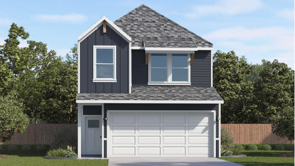 two story home with wood colored accents