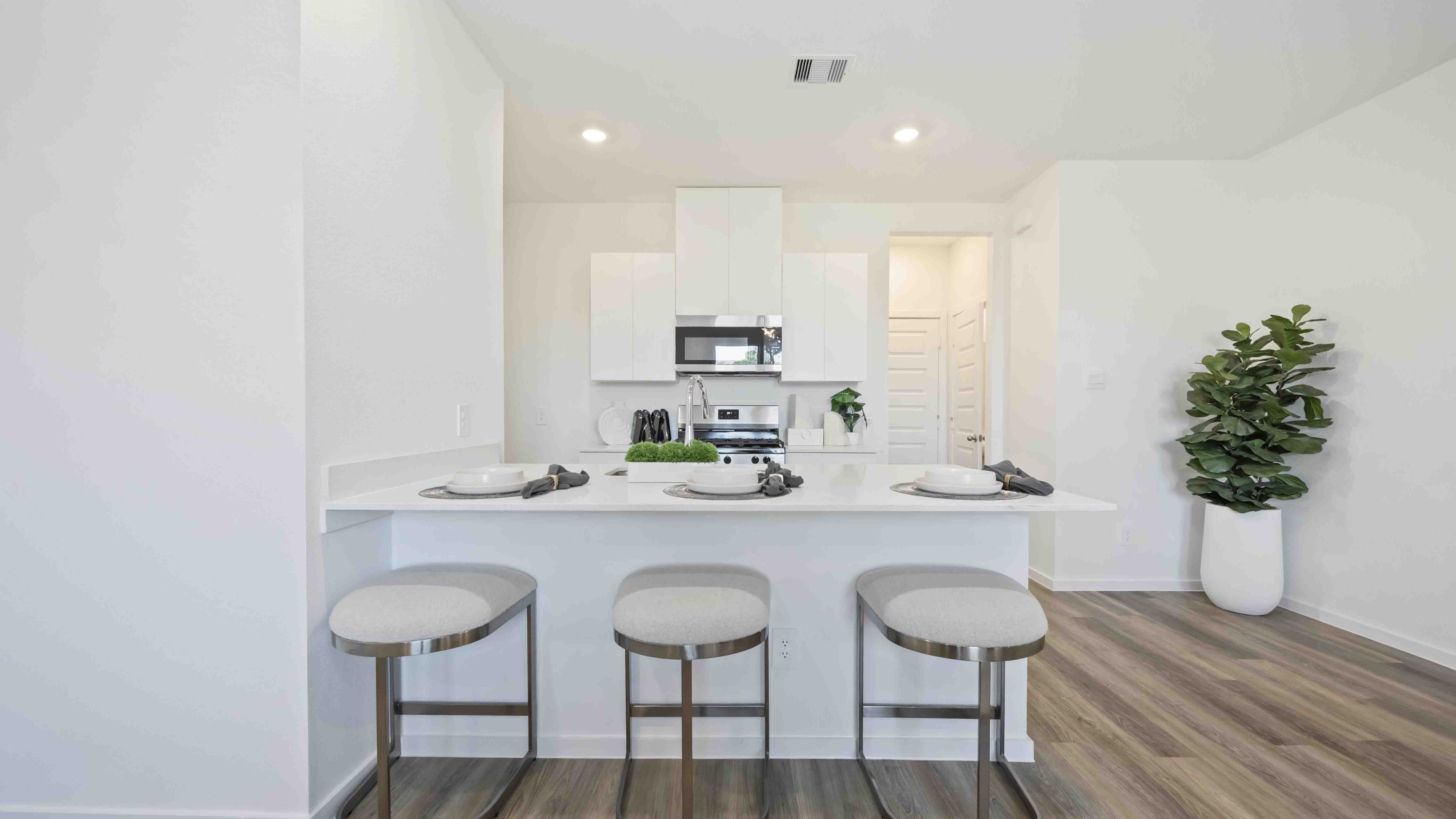 beautiful new kitchen with quartz counters and light cabinets