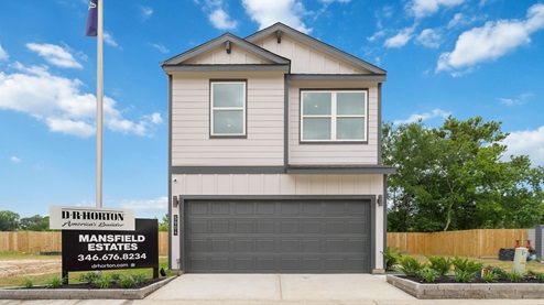 mansfield estates model exterior, the honeysuckle plan, a two story home with a two-car garage and a side entry