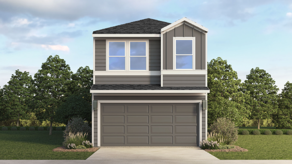 two-story home with grey siding and a two-car garge