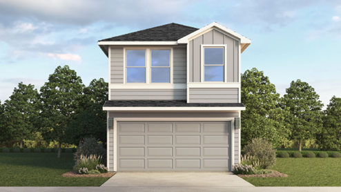Two-story home with grey siding and a two-car garage.