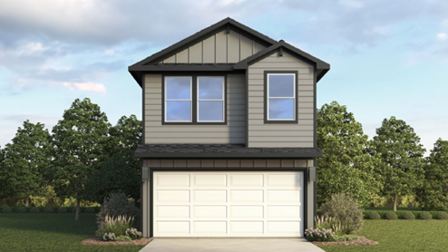Two-story home with grey siding and a two-car garage.
