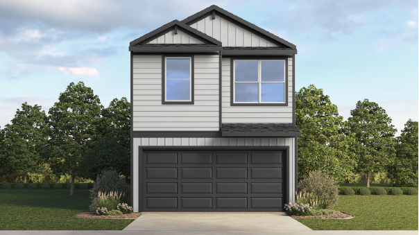two-story home with grey siding and a side entry