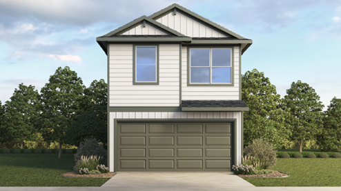 Two-story home with light grey siding and a two-car garage.