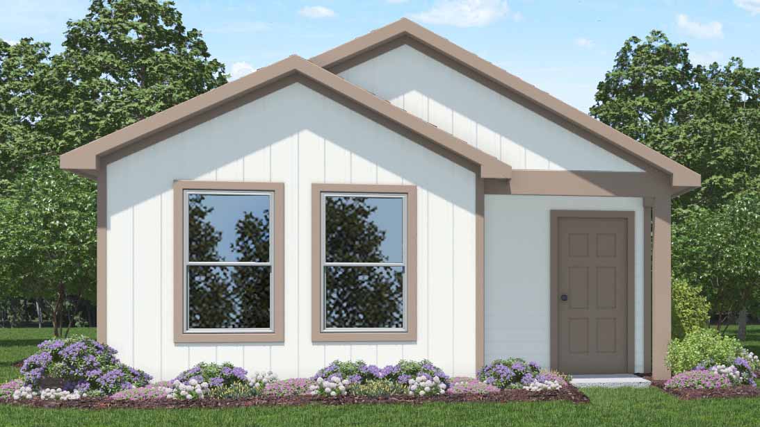 one story floor plan with two large windows at the front of the home