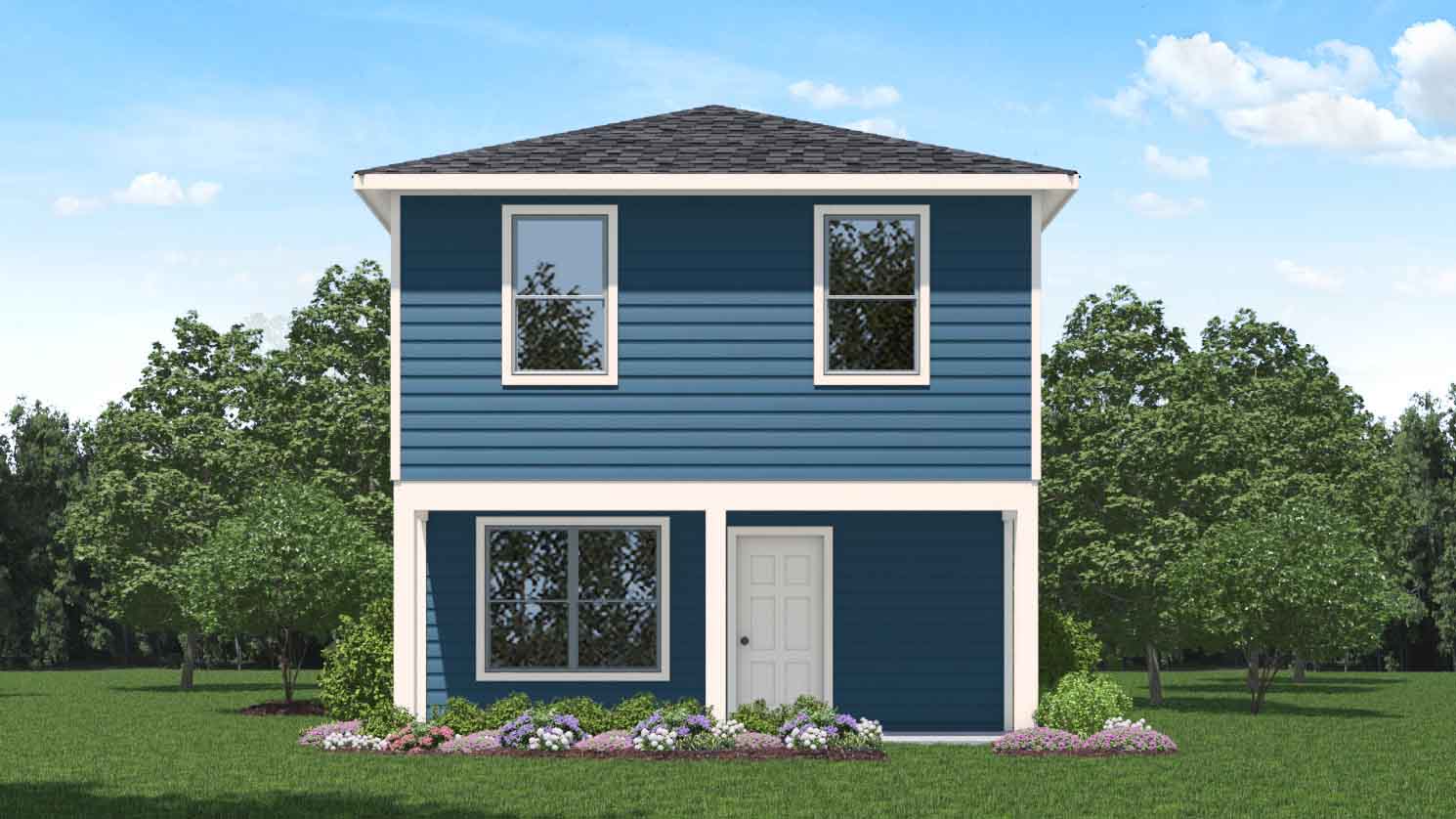 two story home with three large windows on the front of the home