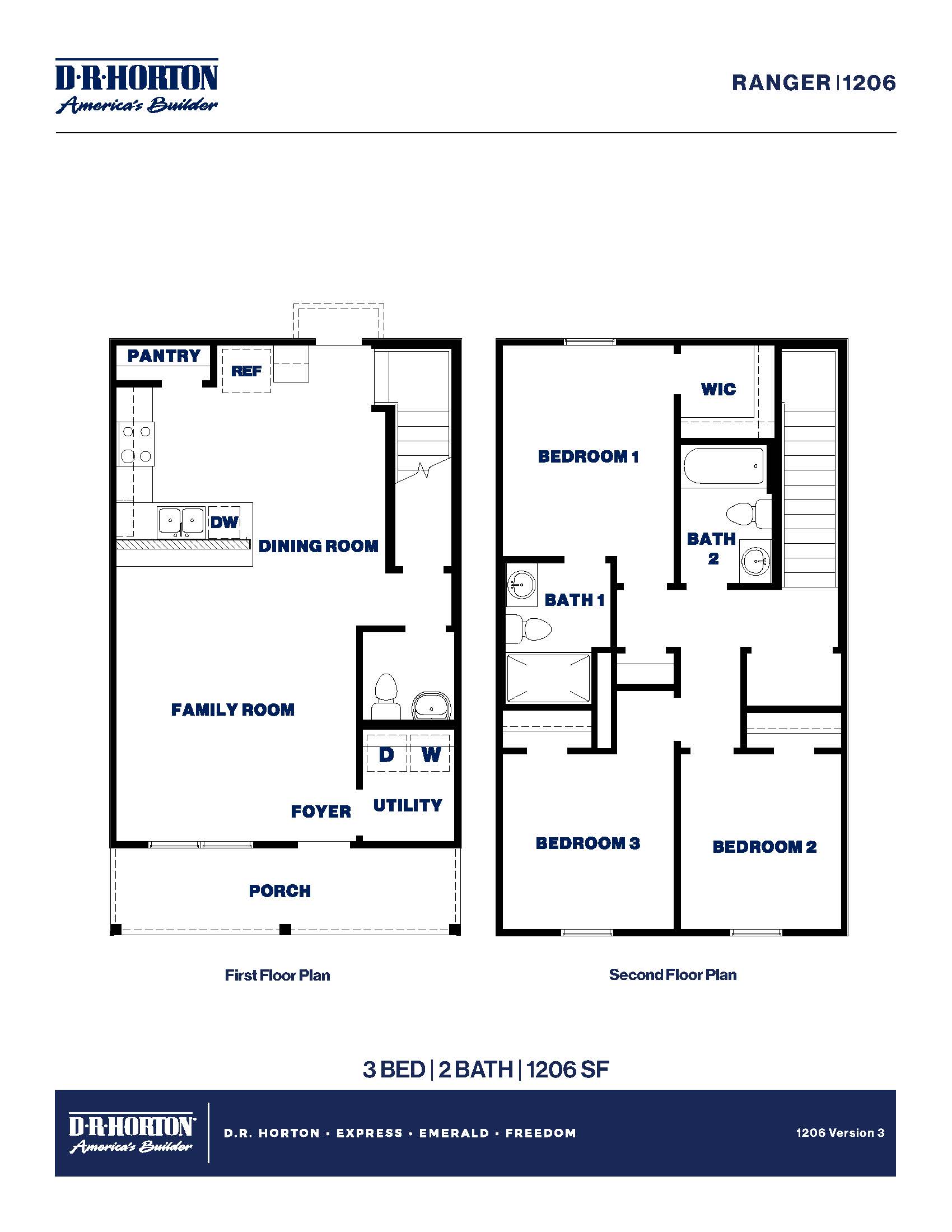 ranger floor plan spanning 1206 square feet and two stories