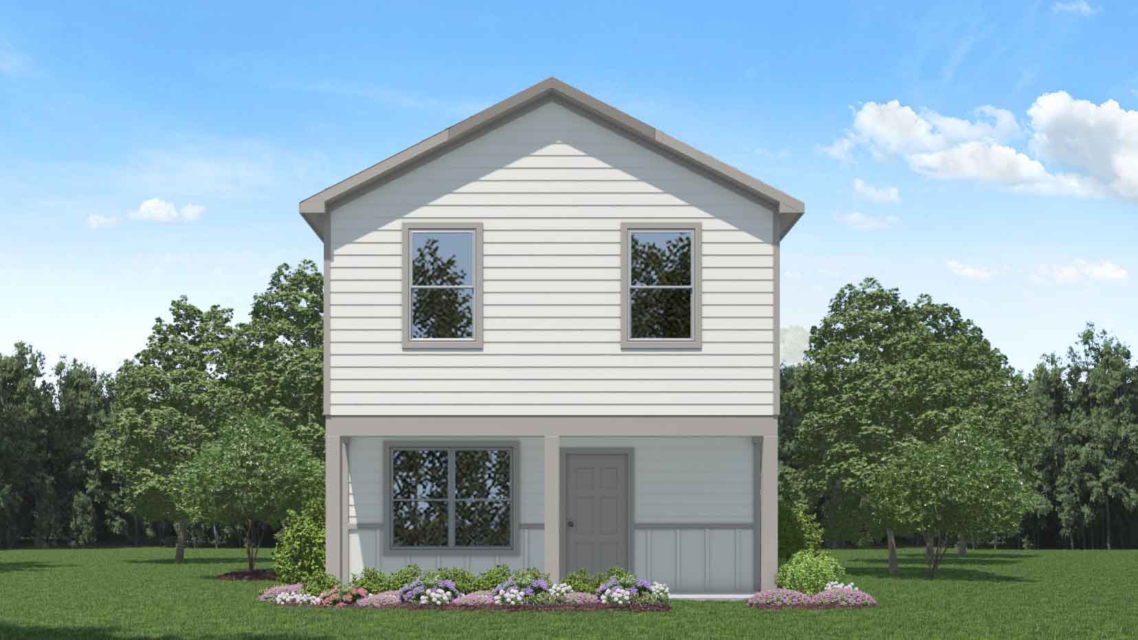 two story home with grey siding and light trim