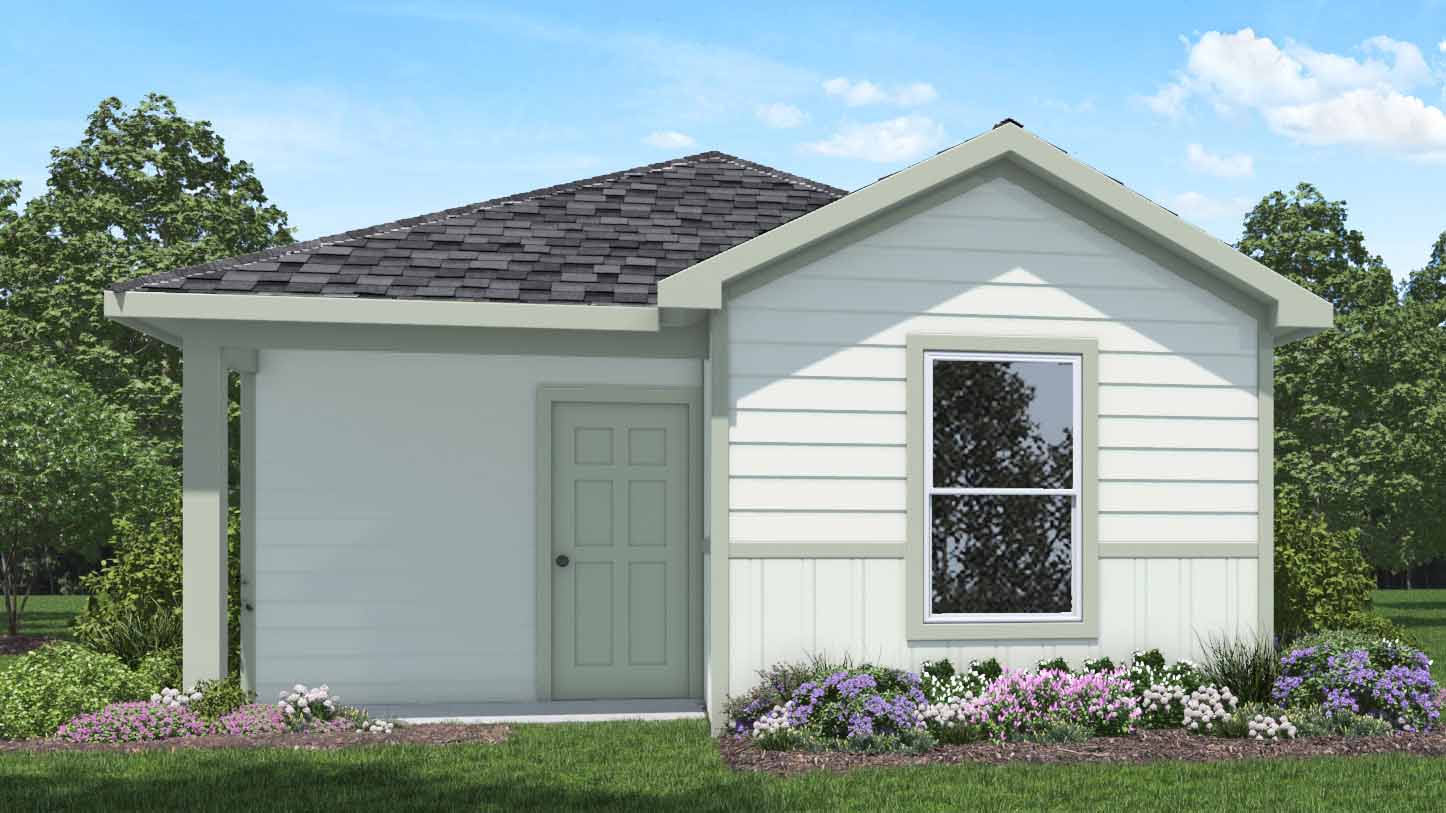 one story home with light colored siding and one large window for natural lighting