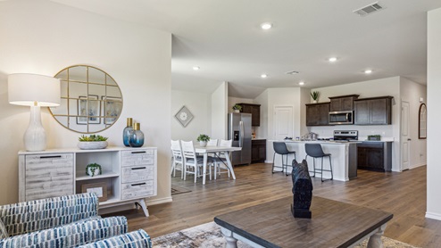 Open-concept living area with furniture and views into the kitchen