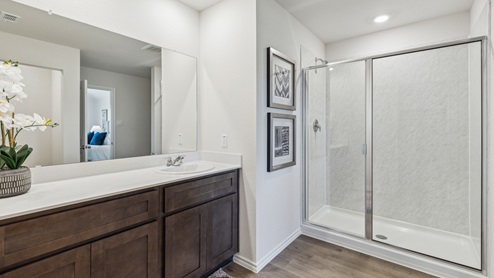 Large Primary Bathroom with walk-in shower and a vanity with brown cabinets and a large mirror