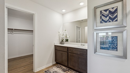 Large Primary Bathroom with walk-in shower and a vanity with brown cabinets and a large mirror