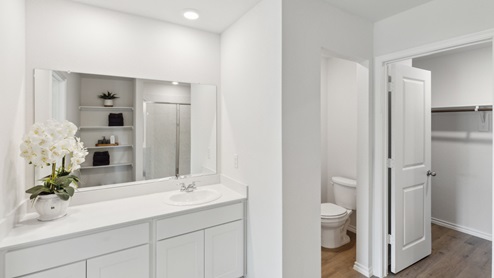 primary bathroom with vanity and enclosed commode area
