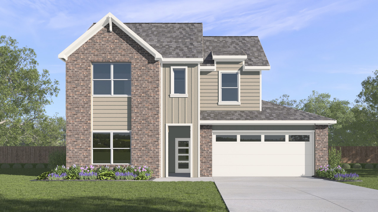 rendering of two story home with brick and siding exterior