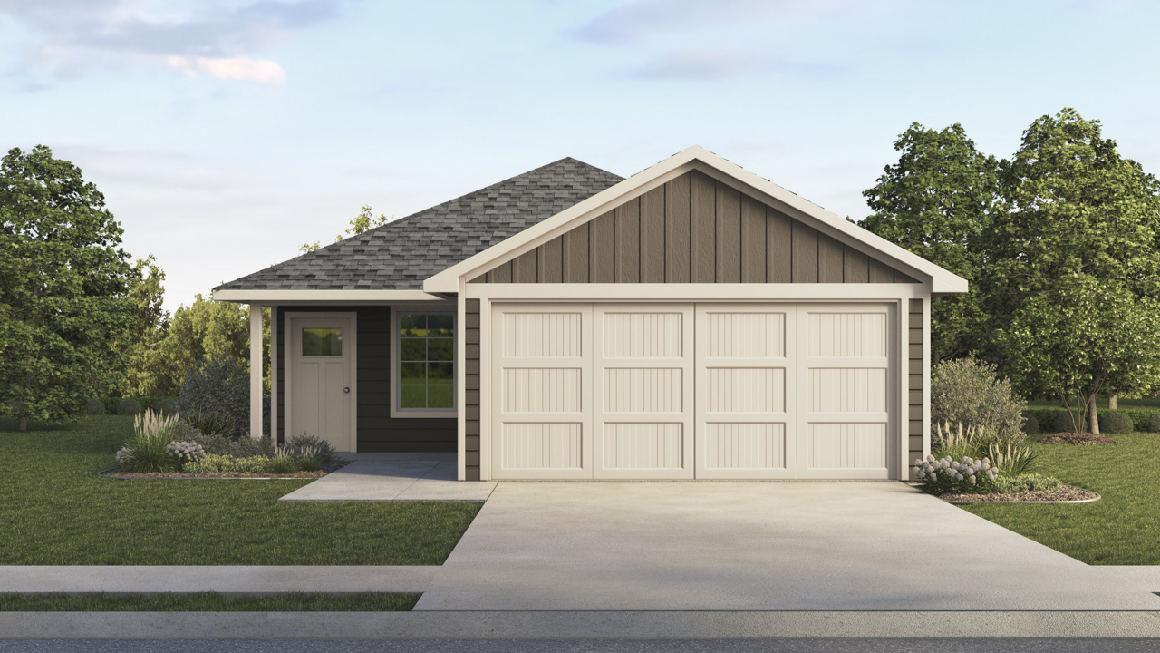 one story floorplan rendering of home with brown siding and cream colored accents