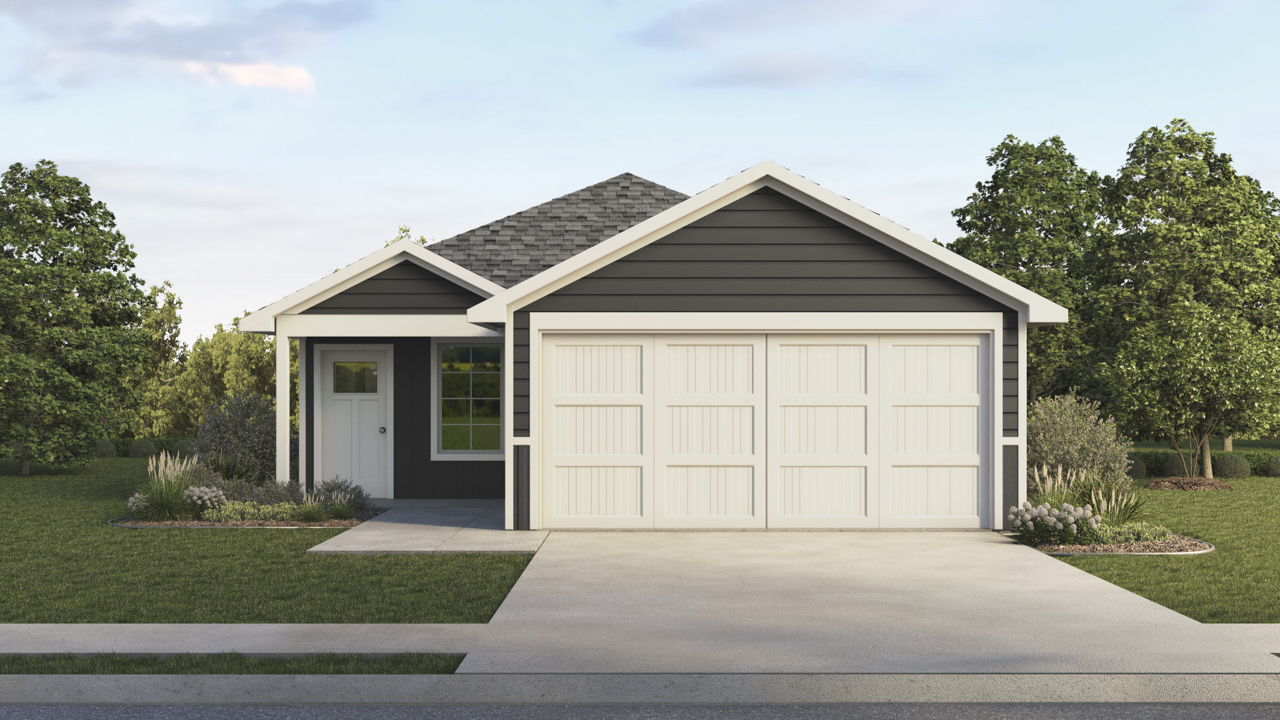 one story floorplan rendering of home with dark brown siding and cream colored accents