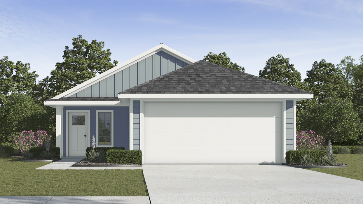 Single story home rendering with 2 car garage