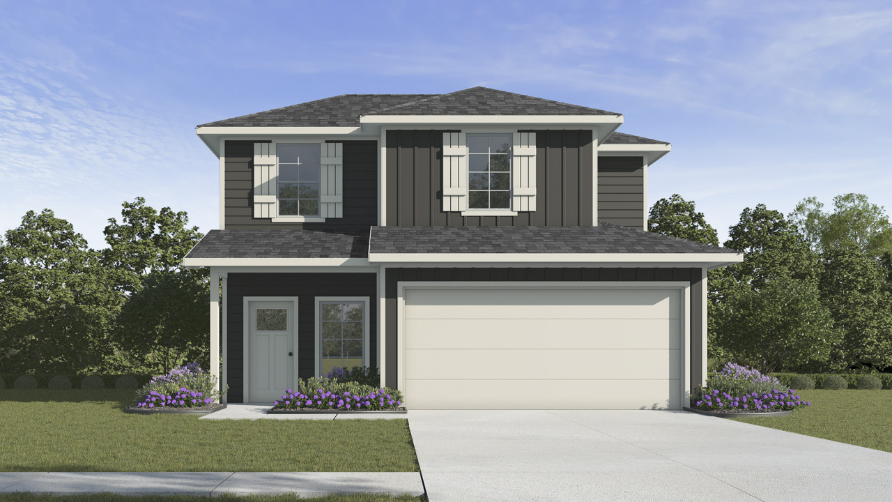rendering of two story home with large windows facing the front yard and a two car garage with front entry