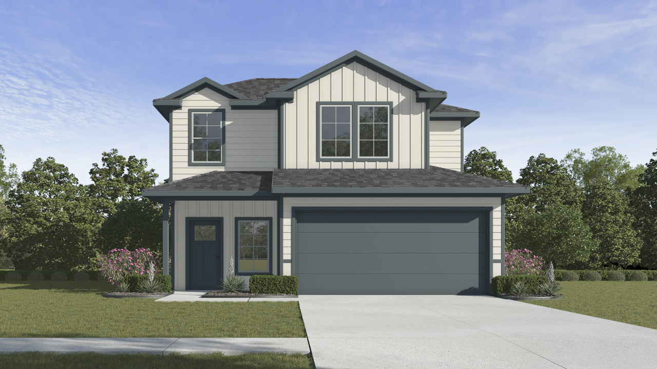 rendering of two story home with siding exterior and large windows facing the front yard