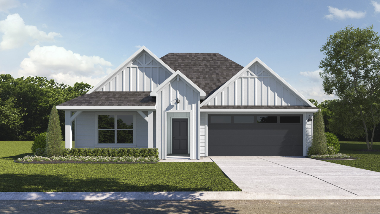 single stoy home rendering with 2 car garage