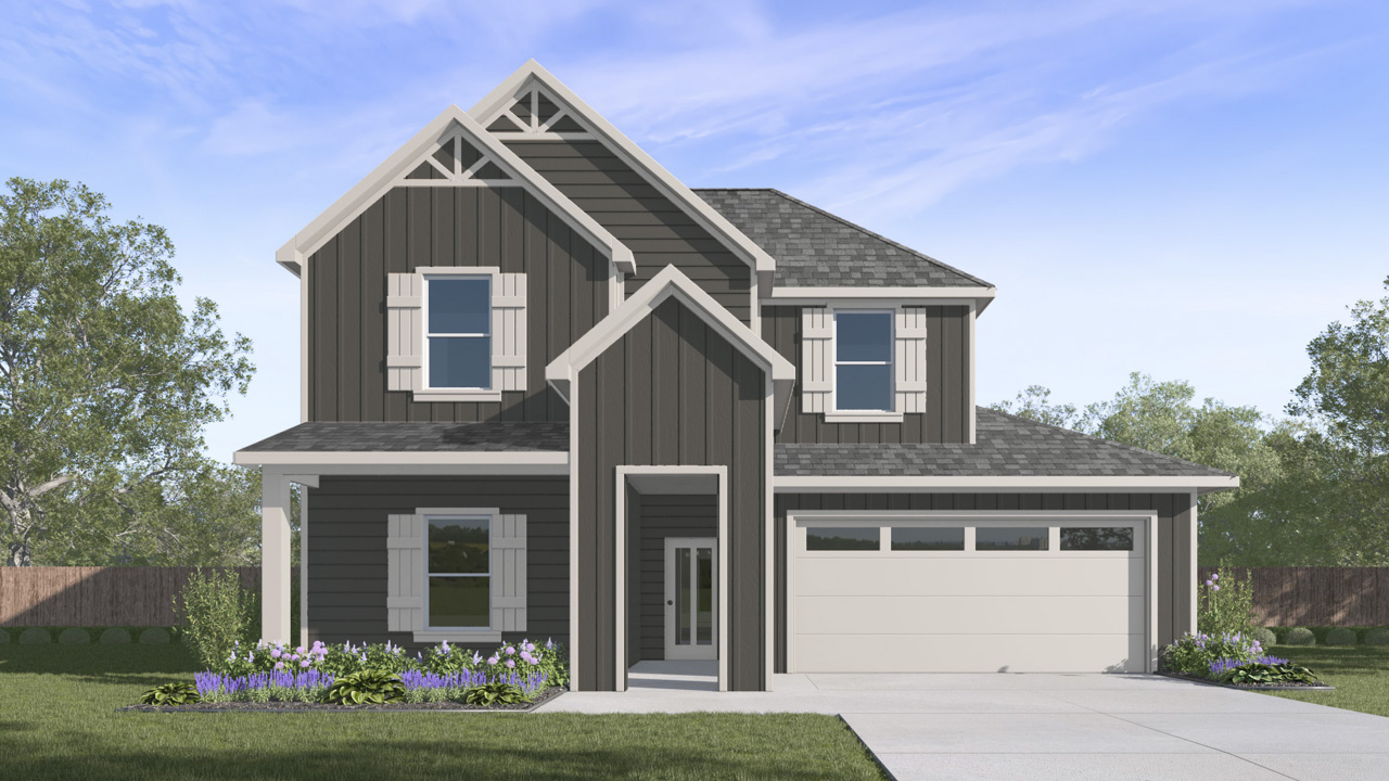 2 story house rendering with 2 car garage