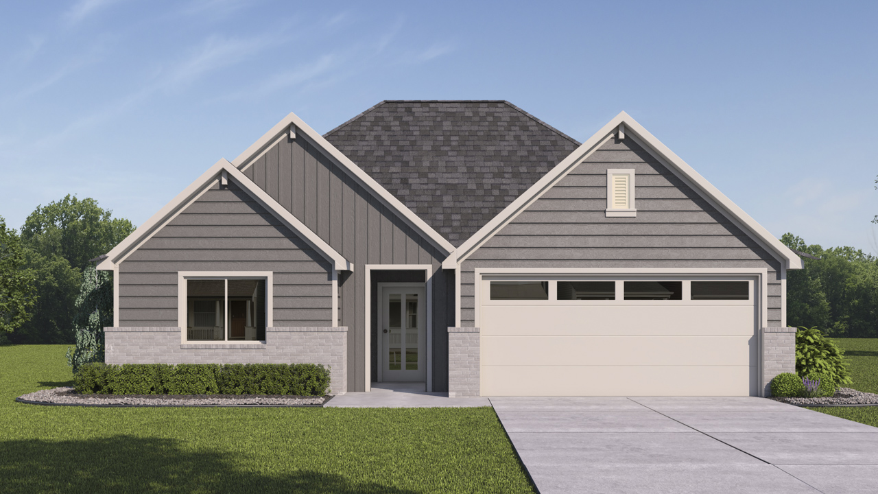 single story home with gray siding and brick