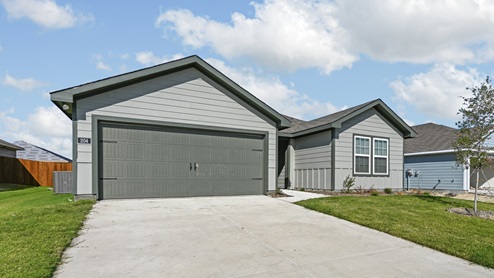 Farmhouse style elevation with gray paneling on one story home