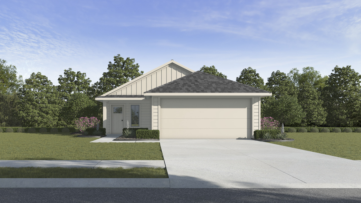 Rendering of one story home with large front yard and entrance located on the left front side of the home