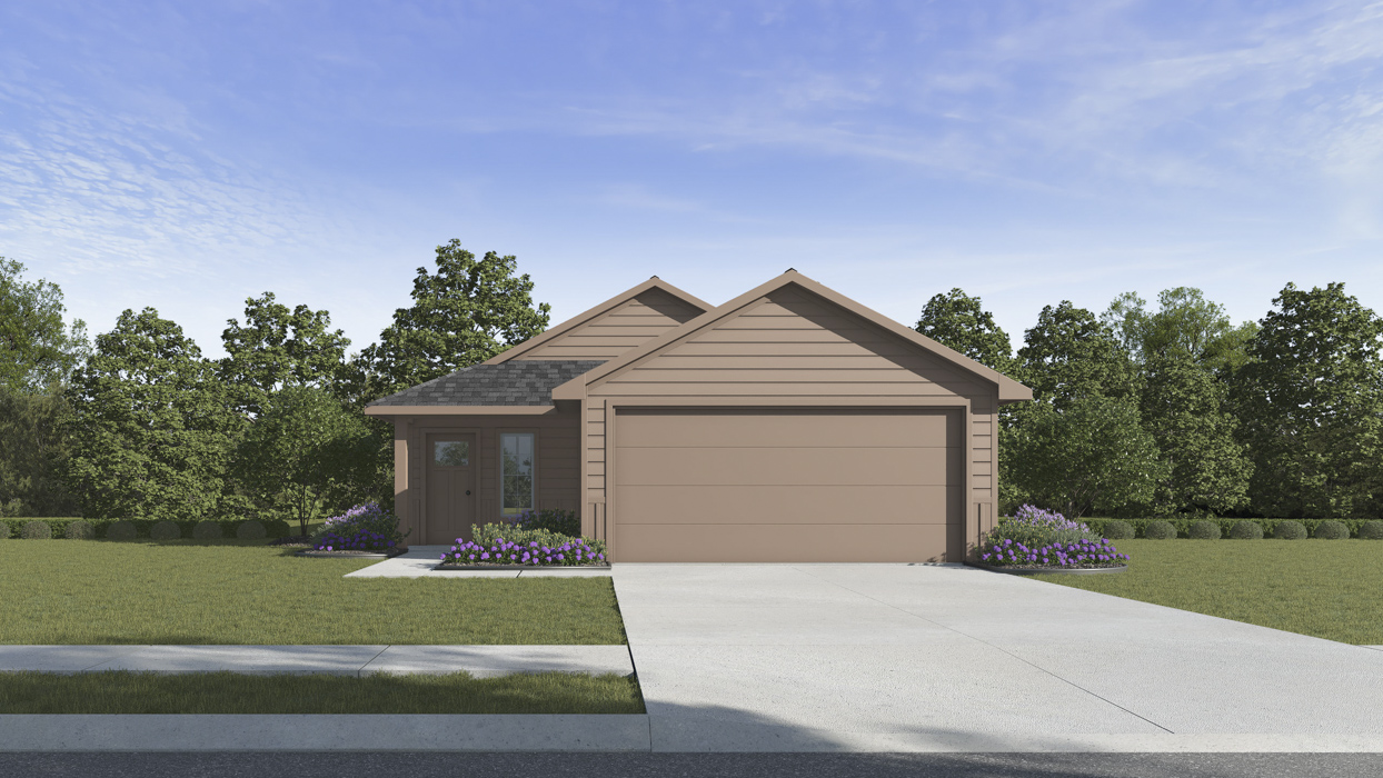 Rendering of one story home with large front yard and entrance located on the left front side of the home