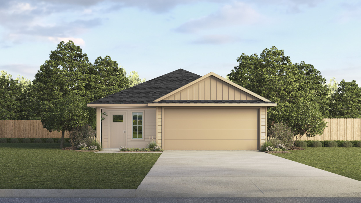 One story rendering with light colored exterior with large front yard