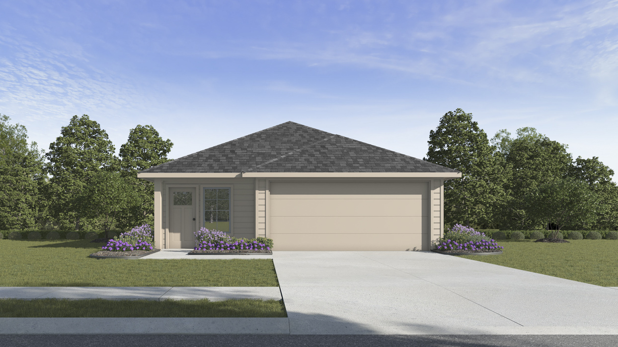 Rendering of one story home with light colored exterior and large front yard with exterior entrance on left front side of the home
