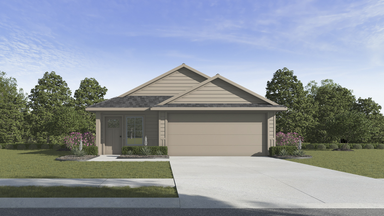Rendering of one story home with light colored exterior and large front yard with exterior entrance on left front side of the home