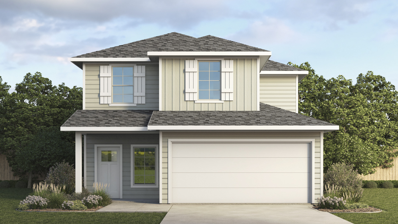 Render of two story home with large windows facing the front yard with two car garage and driveway