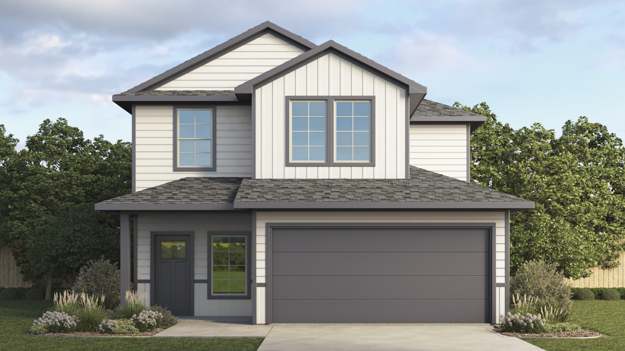 Render of two story home with large windows facing the front yard with two car garage and driveway