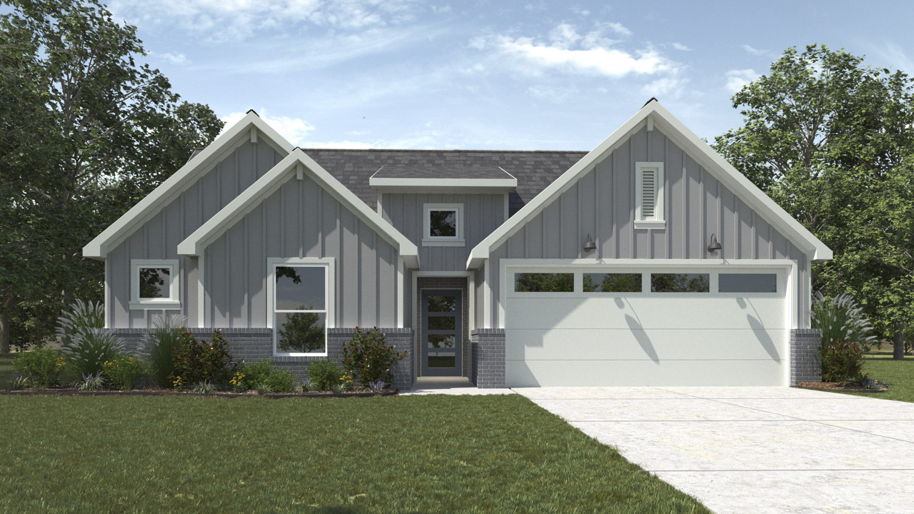 rendering of one story home with siding and brick exterior