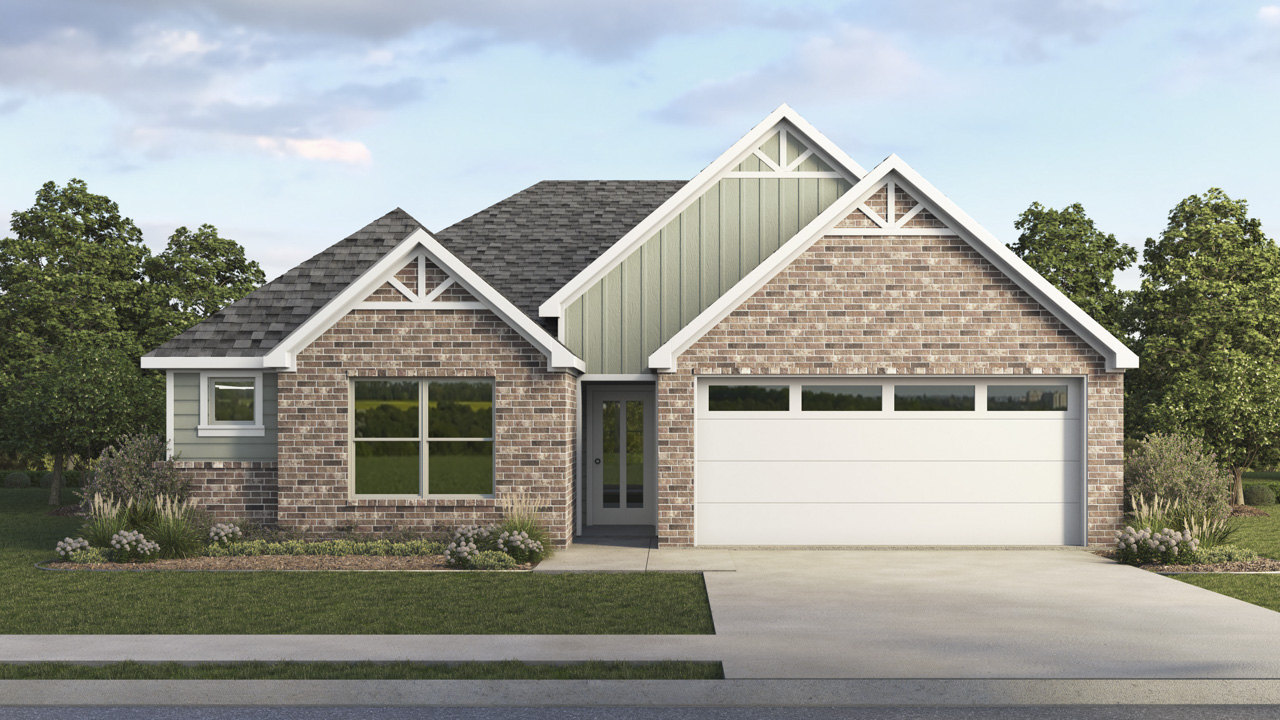 rendering of one story home with siding and brick exterior
