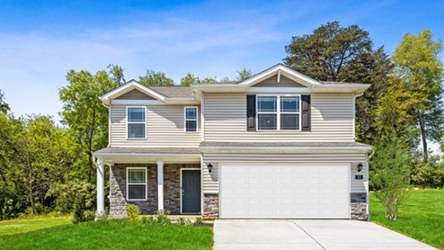 Model home exterior elevation. Two story with tan siding and brown stone accents. Full covered front porch and two car garage with white garage door.