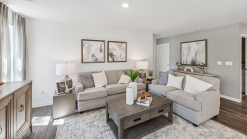 Living room with furniture, area rug, table and sofa