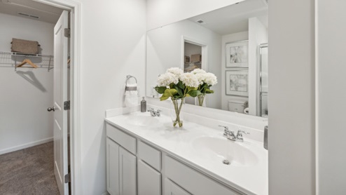 Bathroom with dual vanity with white counter, view of closet with beige carpet