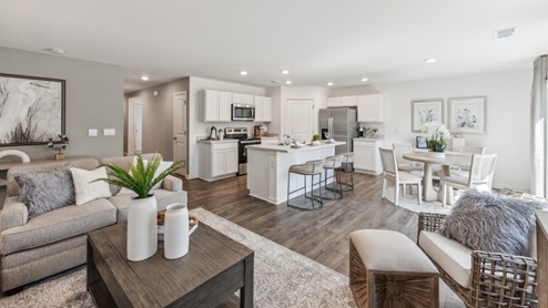 Open concept living area with dark brown laminate floors and furniture